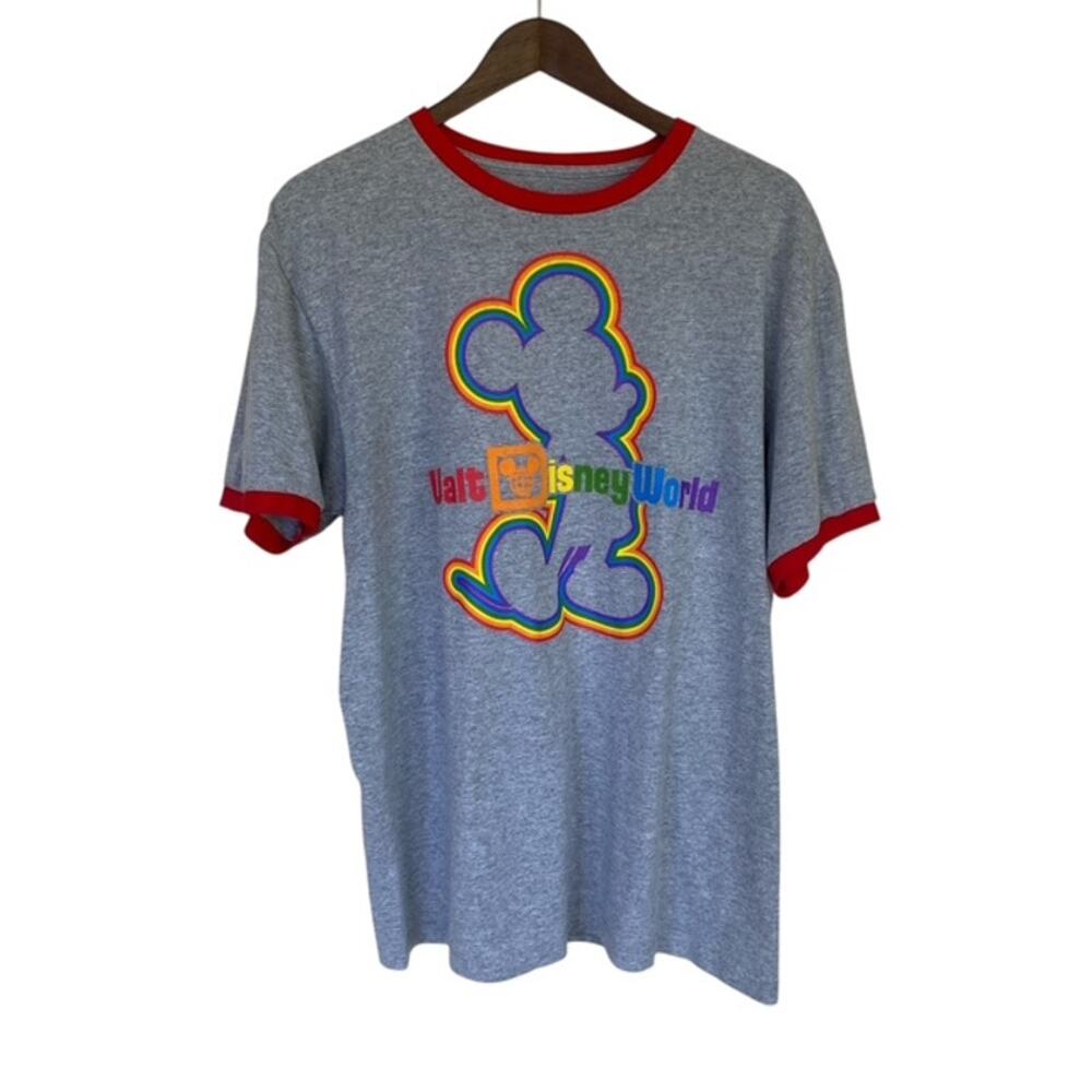 Disney Parks Walt Disney World Gray Rainbow Pride Mickey Ringer T-shirt - Large
